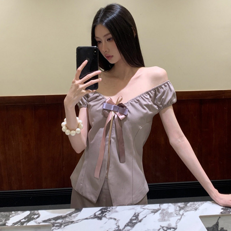 女夏V领一字肩蝴蝶结西装套装