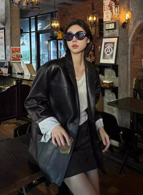 皮革阔西 植鞣真皮西装皮衣外套女古着黑色绵羊皮夹克春秋中长款