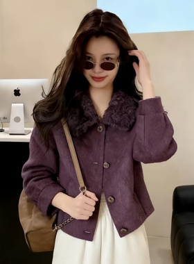 法式复古翻领短款毛呢外套女2026秋冬新款紫色气质小香风加厚大衣