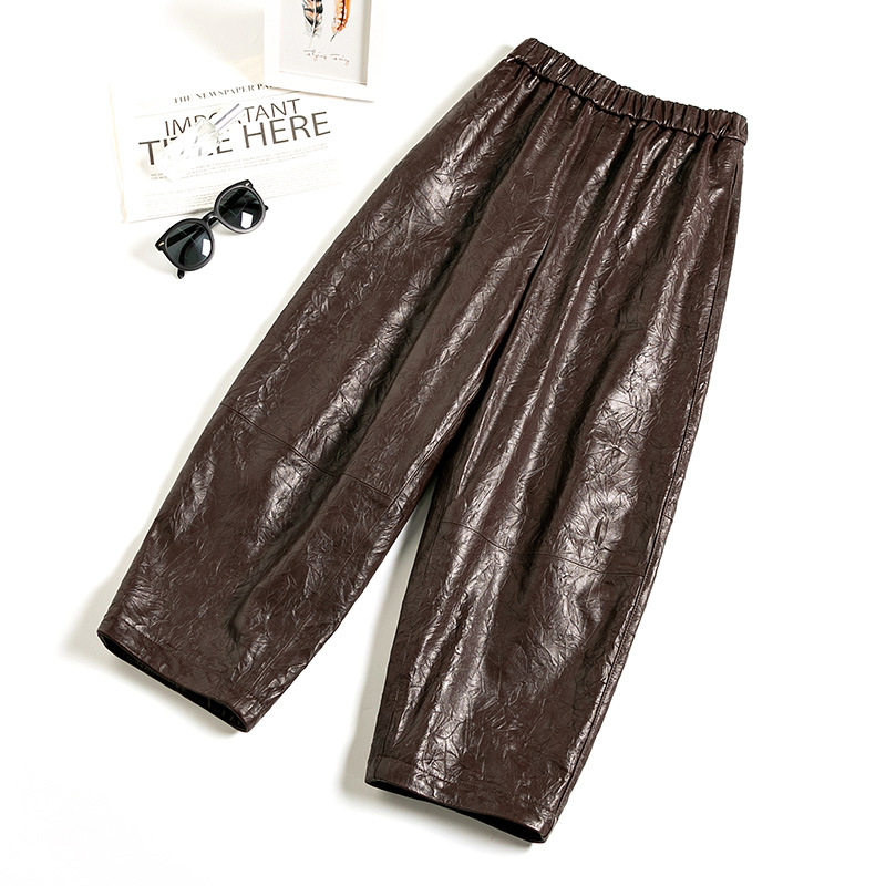 2026秋冬新款女植鞣绵羊皮慵懒风灯笼裤休闲时尚真皮宽松抓皱皮裤,女装/女士精品,皮裤,淘宝优惠券,粉丝福利购,淘宝优惠卷