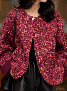 绵羊毛粗花呢小香风短外套 宽松圆领2026秋季新品感女装红色