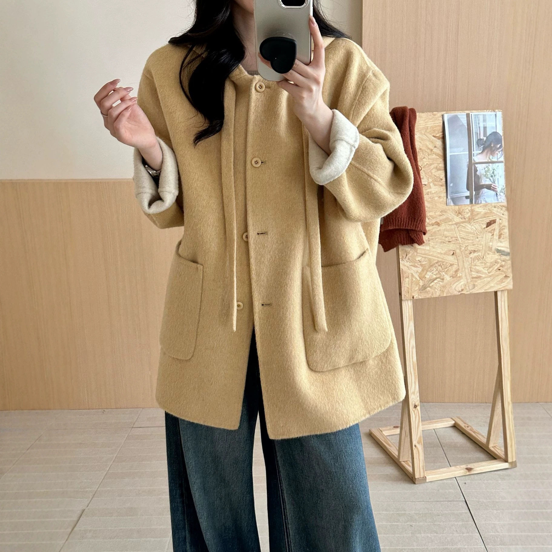 AB面双面羊毛连帽加厚大衣女