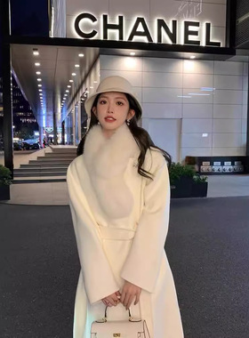 留洋千金2026冬季新款双面羊绒大衣女长款毛呢高级感白色皮草外套