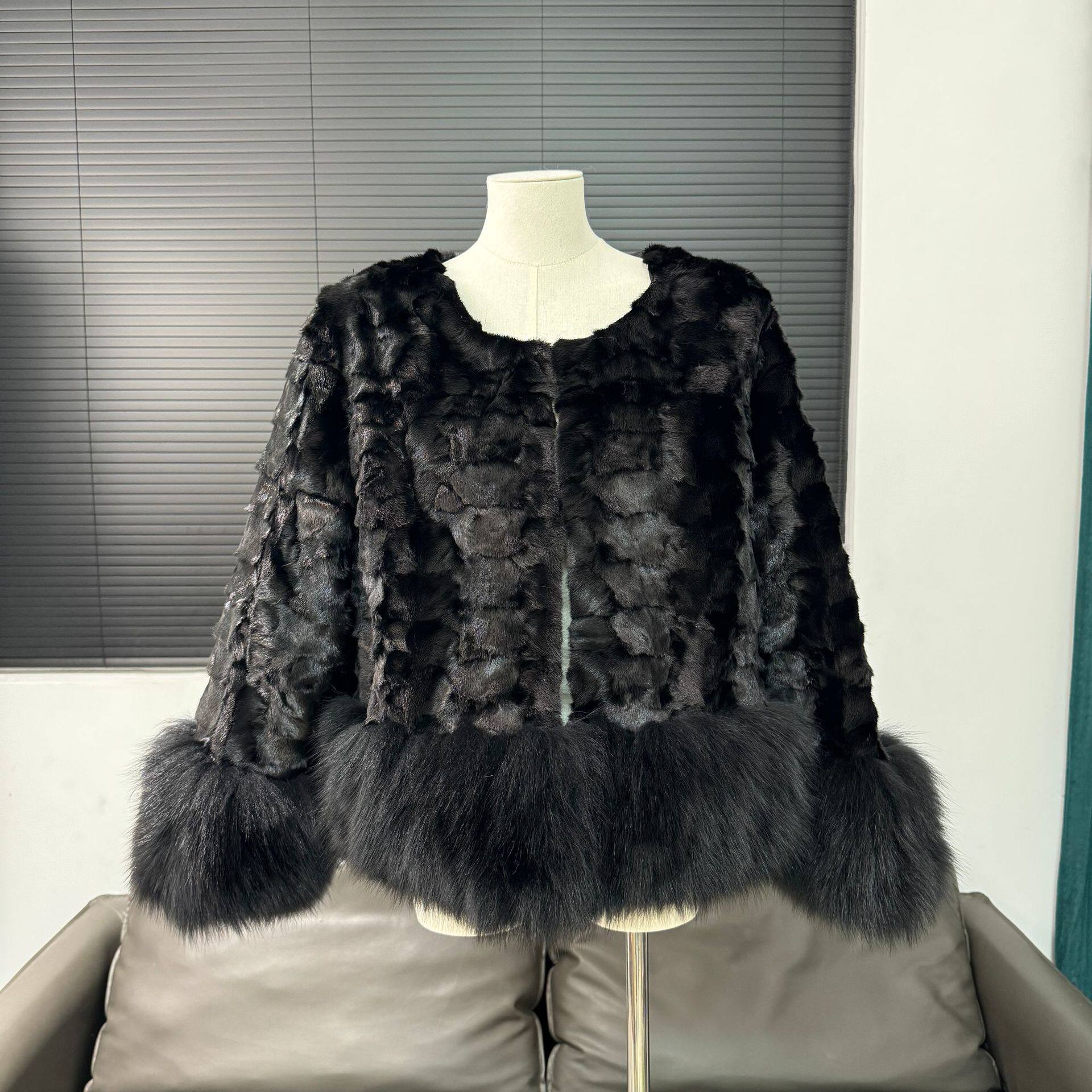 实拍 真毛秋冬新款水貂皮草外套圆领狐狸毛女士短款优雅轻奢外套