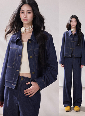 2026春新时髦两件套复古靛蓝色廓形显瘦丹宁牛仔外套长裤套装