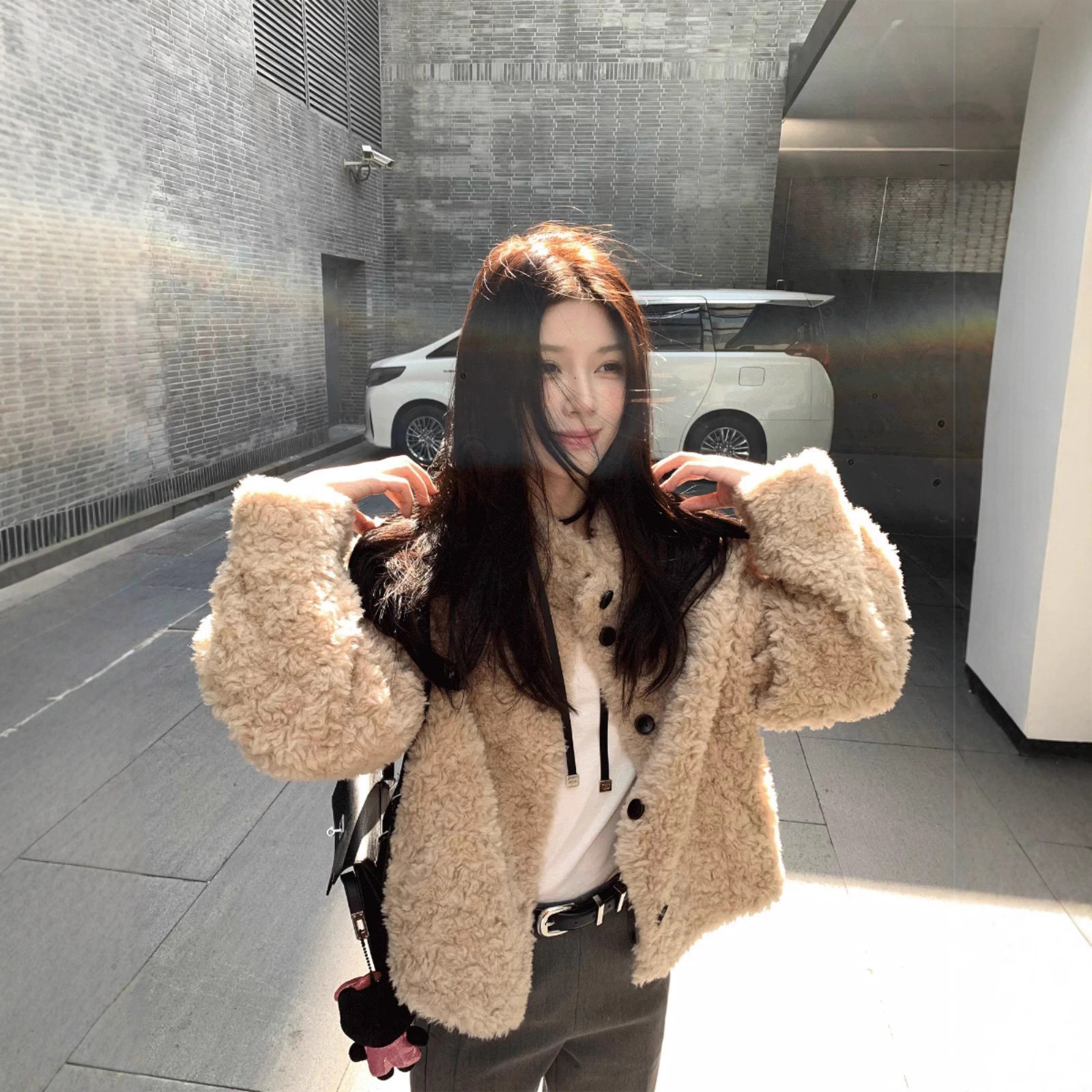全羊毛高领毛毛外套短女羊羔毛