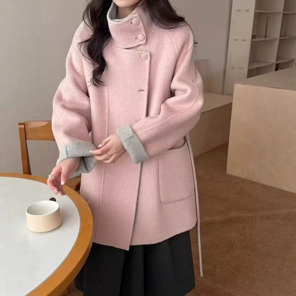 25新款双面羊毛大衣秋冬赫本风系带中长款拼色收腰立领单排扣外套