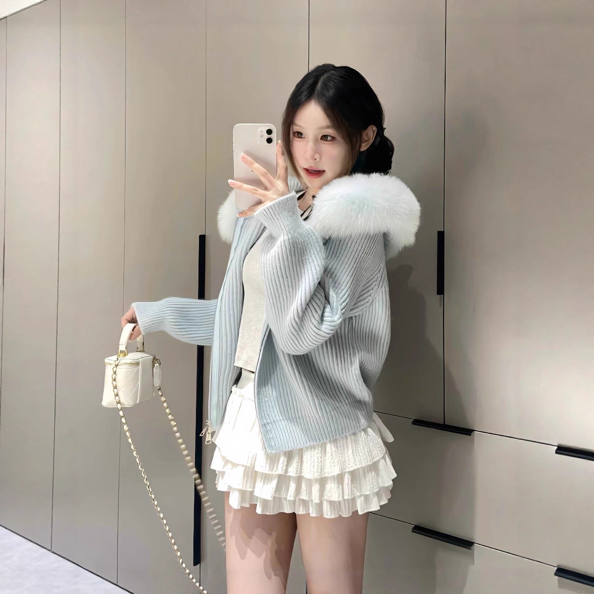 狐狸毛领双拉链短款针织开衫女