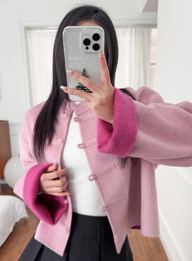 现货SW新中式双面呢外套女26春季国风盘扣粉色短呢子上衣S4WT010