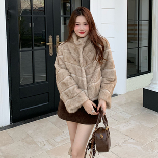 留洋千金立领兔毛皮草外套短晕染奶兔毛加厚毛毛皮毛一体大衣女