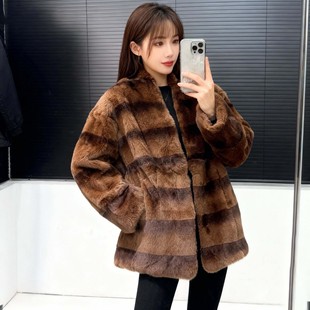 有实拍真毛横排雷克斯獭兔皮草外套女2026美拉德风兔毛毛V领大衣