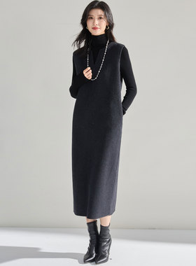 2025冬高级感灰色羊绒天丝羊毛双面呢通勤直筒宽松无袖连衣裙