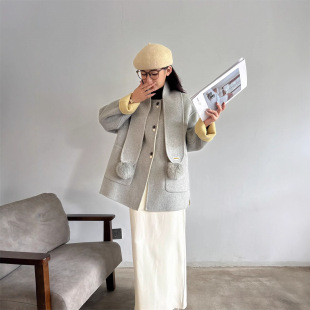 围巾领黑色双面羊毛毛呢大衣女2026冬季新款小个子外套