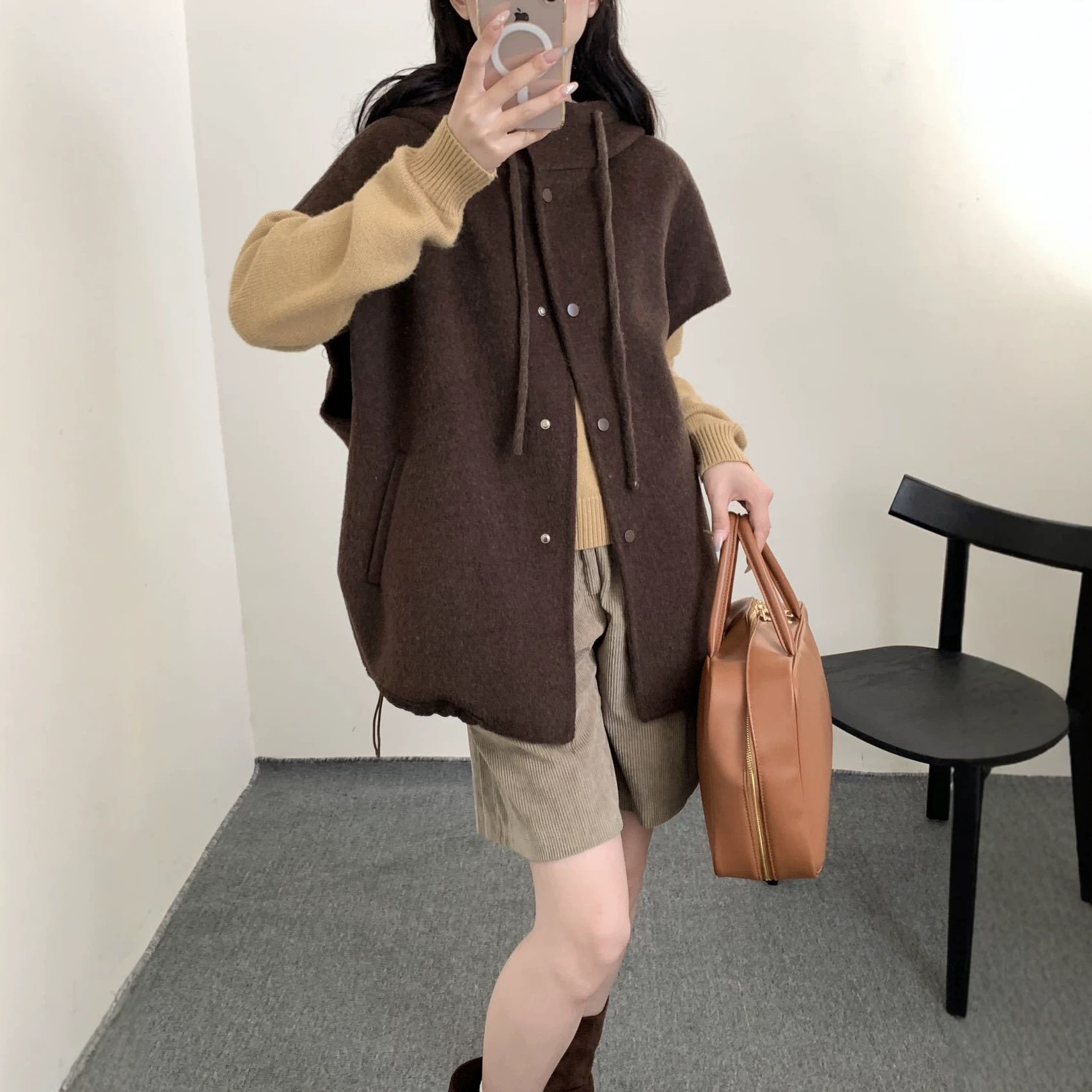 连帽无袖羊毛马甲女秋新款宽松