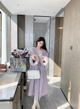 【鸢尾紫狐】2026新款冬装100羊毛狐狸毛中长款紫色大衣女洋气