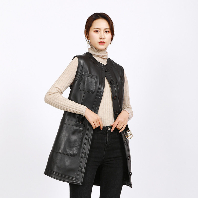海宁真皮皮衣女中长款无袖修身