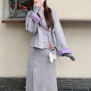 SW绵羊毛新中式盘扣双面呢外套女26冬季新款撞色上衣中长款半身裙