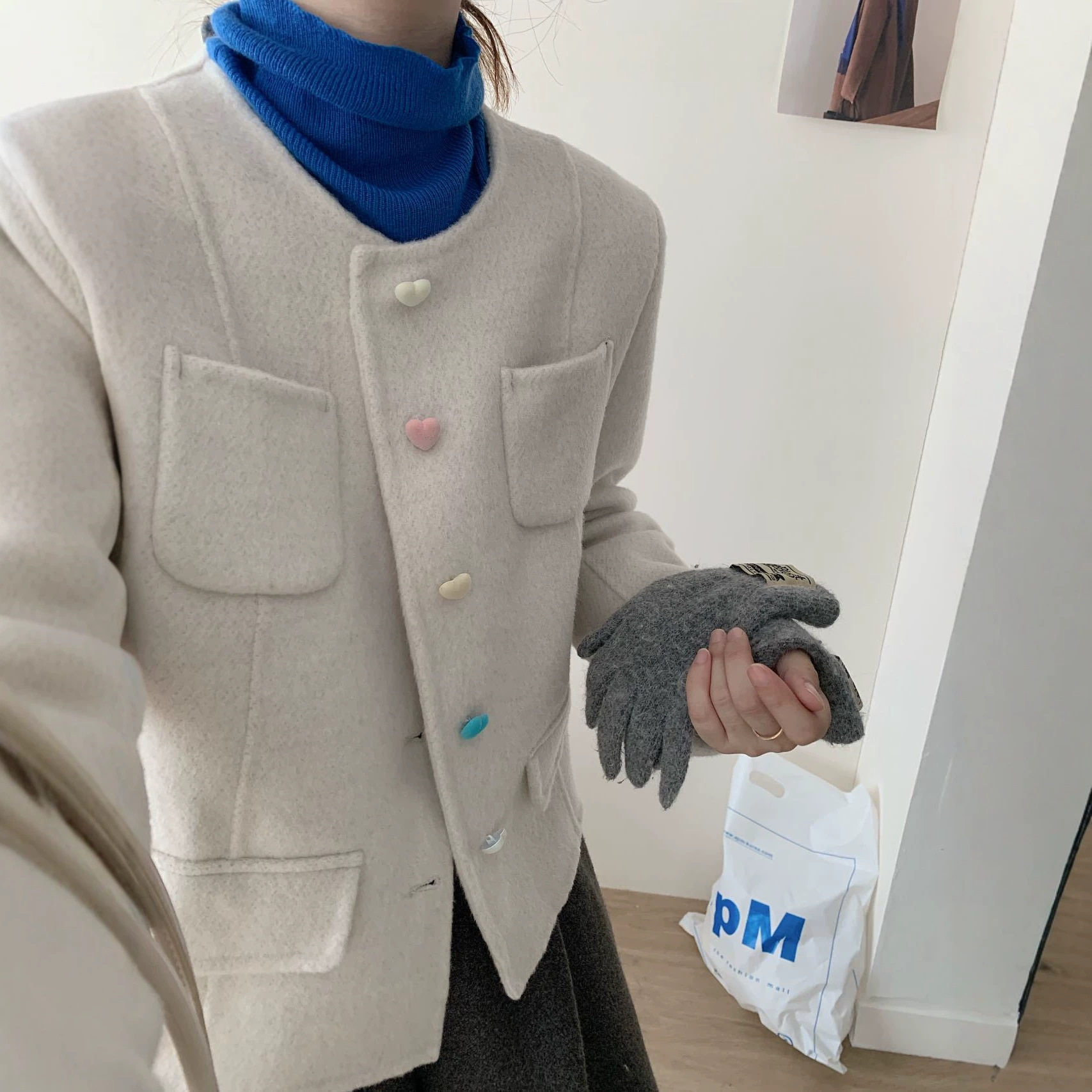 双面羊毛呢心形扣显瘦大衣女