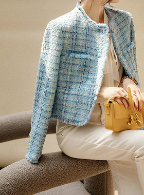 高定羊毛小香风外套春秋新款2026秋款女装短款春秋粗花呢蓝色