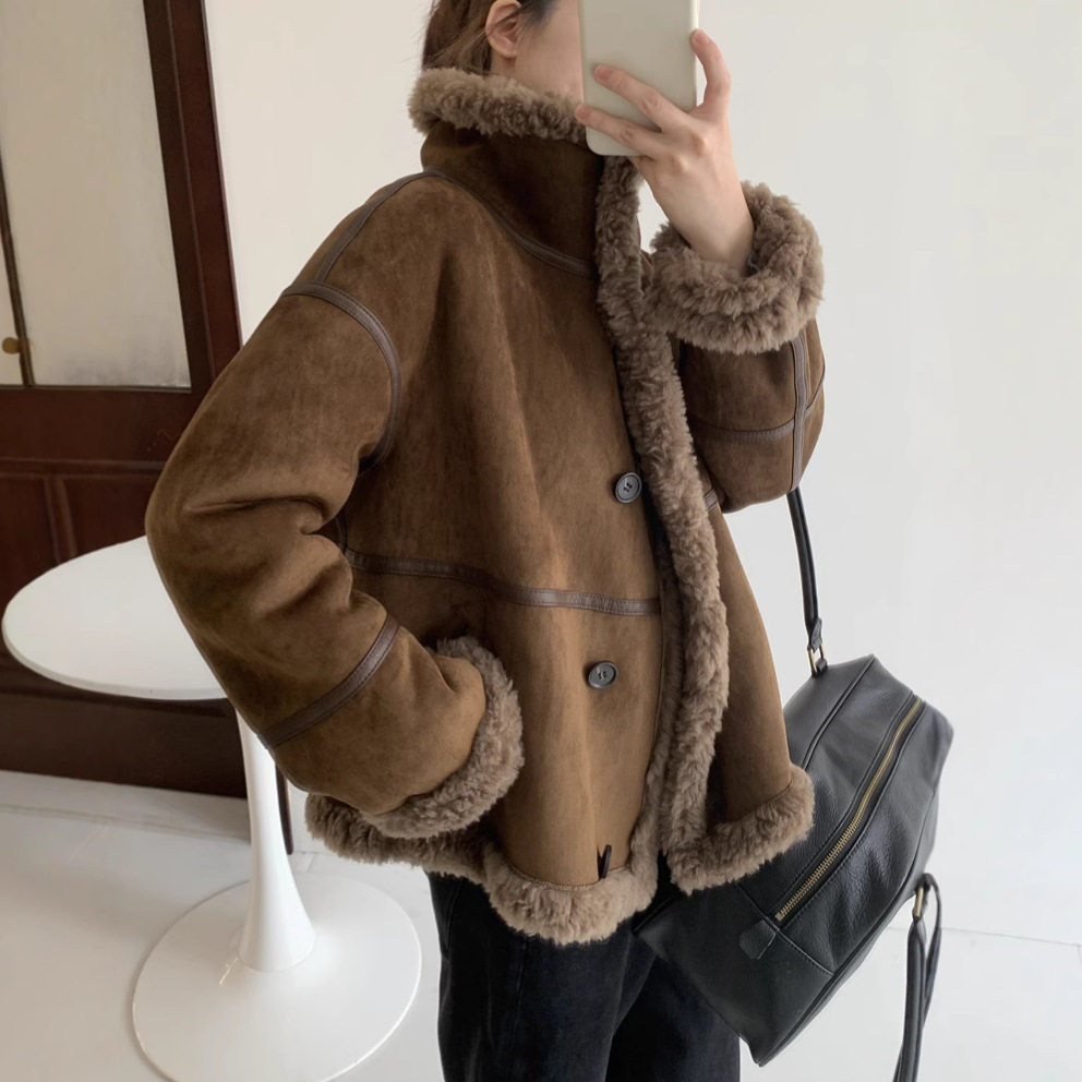 100羊羔毛高质感机车麂皮毛一体2025冬季新短款皮草外套女立领