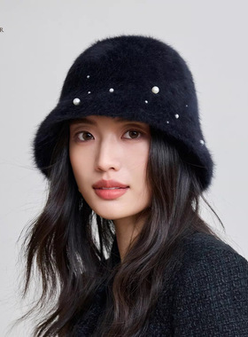 黑色撞珍珠！柔软黑色兔毛混纺渔夫帽女秋冬季保暖毛绒水桶盆帽女