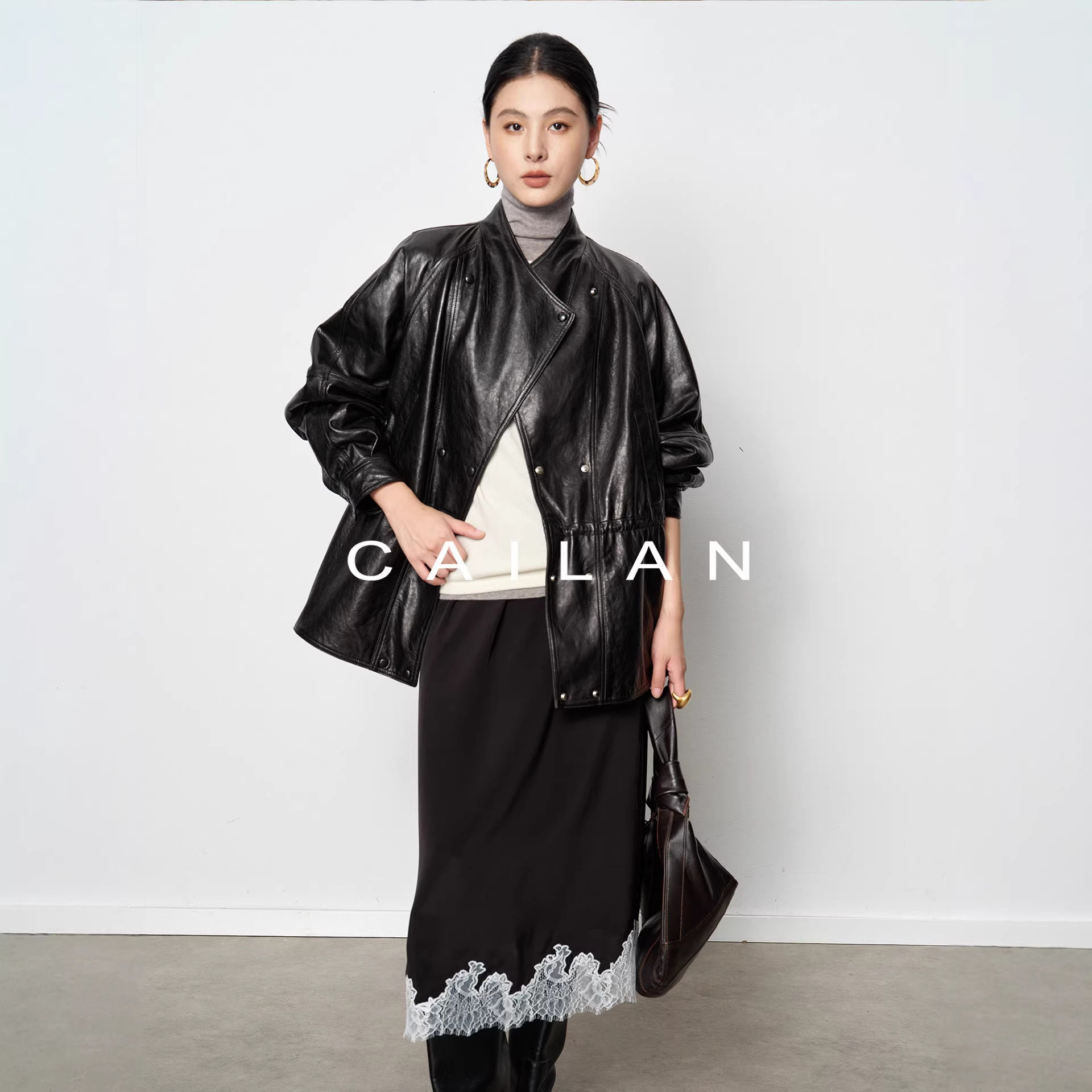 真皮油蜡绵羊皮大衣女中长款2026秋季廓形V领皮衣老钱宽松外套