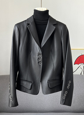 2026秋季新款修身小个子短款真皮皮衣女黑色高腰绵羊皮小西装