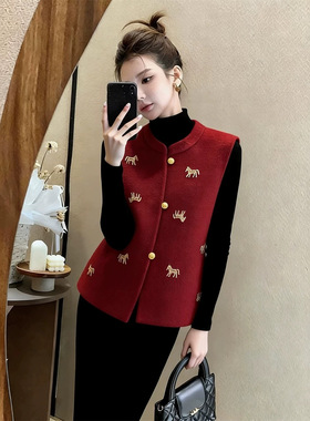 红色七款立领无袖短款双面羊毛大衣毛呢马甲背心中国风刺绣女秋冬