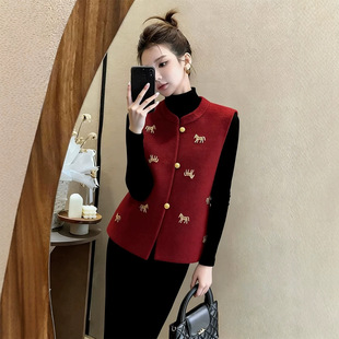 红色七款立领无袖短款双面羊毛大衣毛呢马甲背心中国风刺绣女秋冬