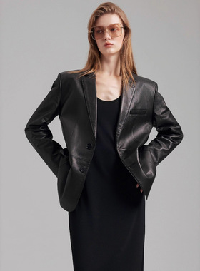 老钱风 2026秋冬新款绵羊皮黑色皮衣植鞣皮感真皮皮衣外套