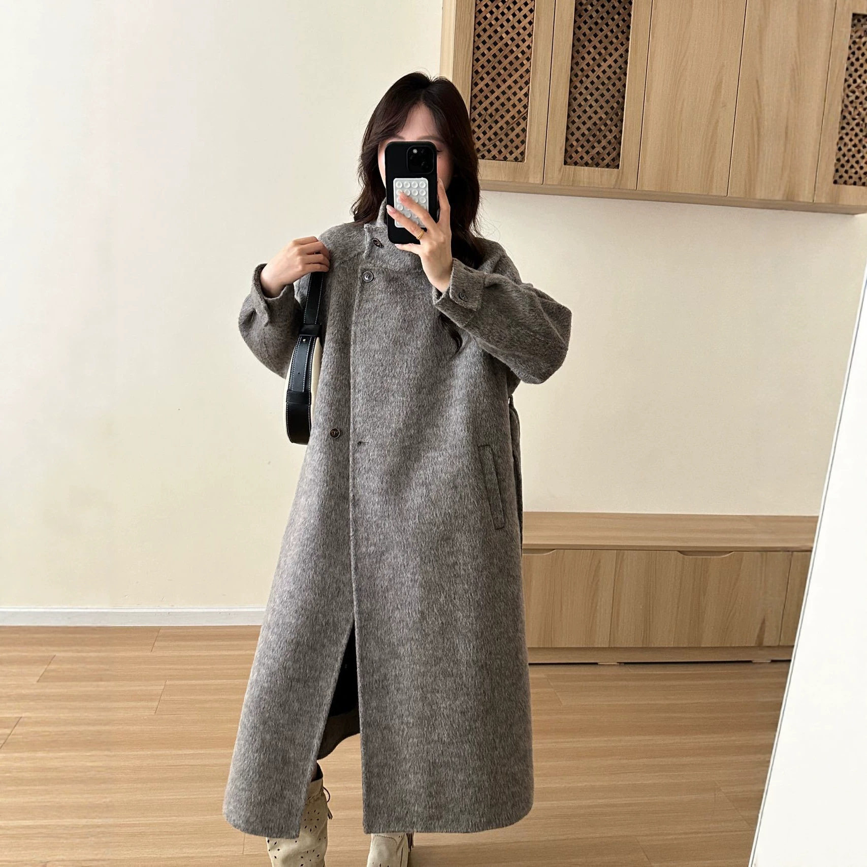 秋冬韩系小个子中长双面呢大衣女