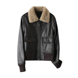 2026秋冬新款女士真皮外套复古好搭带羊羔毛领山羊鹿纹皮夹克皮衣
