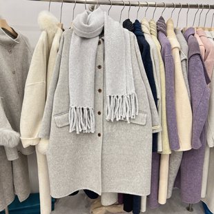 2025秋冬新款双面呢羊绒大衣女中长款带围巾宽松羊毛呢外套韩版