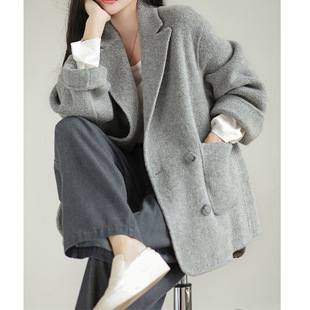 灰色羊毛大衣 女款高端宽松西装毛呢外套气质女装 双面羊绒2026