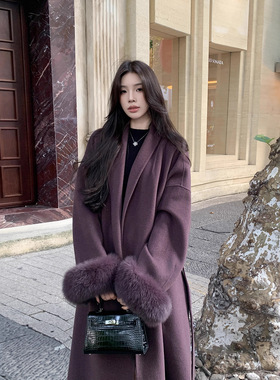 紫色狐狸毛袖口羊毛大衣女2026冬新款羊绒大衣毛呢外套留洋千金风
