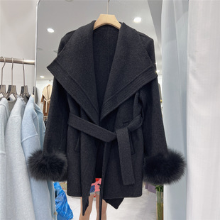 2026新款秋冬中长款毛呢大衣高级狐狸毛袖纯色斗篷双面尼羊毛外套