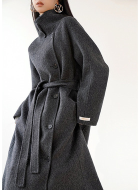 立领双面羊绒大衣女深灰色宽松显瘦2026秋冬高级感羊毛外套小个子