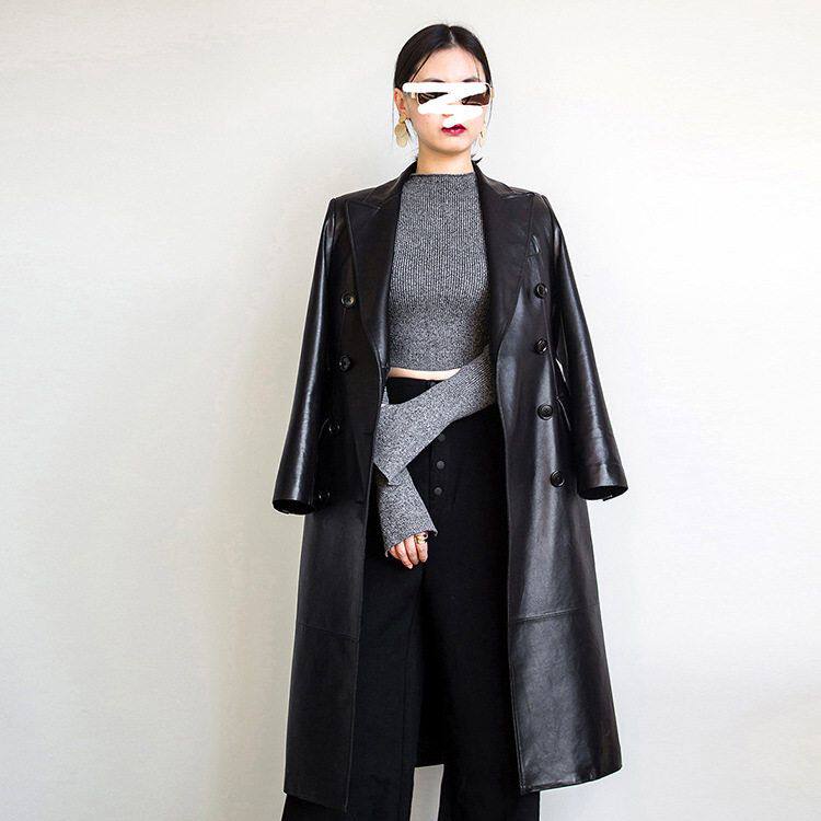 2026秋冬新款轻奢BV风欧美长款西装领真皮绵羊皮女式皮风衣外套