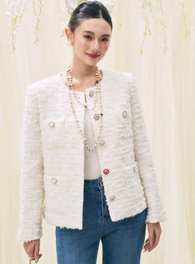 2026早春新品法式千金高级感白色羊毛粗花呢小香风上衣外套