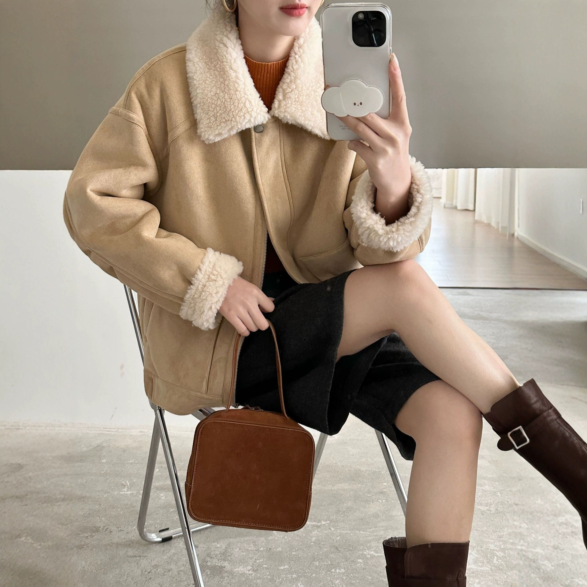 全羊毛翻领落肩袖拉链款皮毛一体