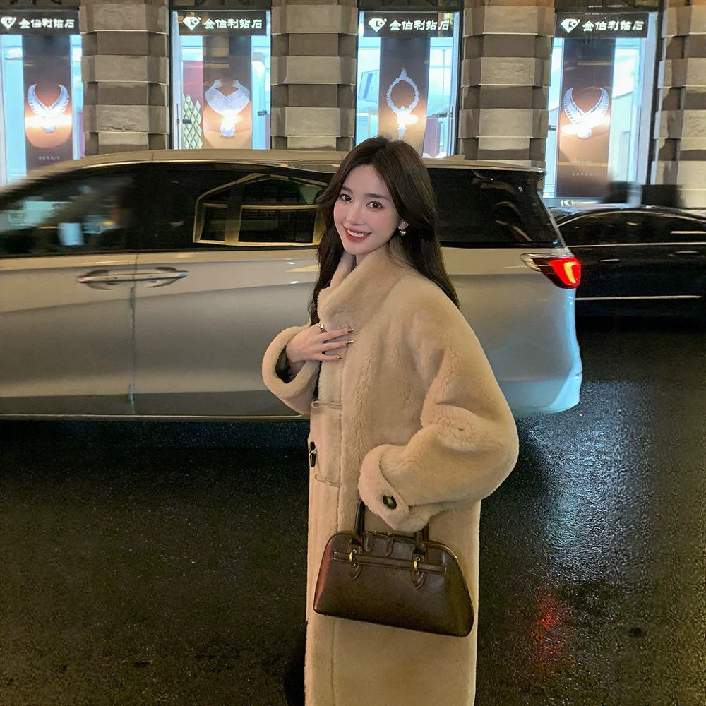 秋冬羊剪绒皮毛一体立领中长大衣