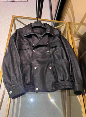 2026秋冬新款进口绵羊皮复古宽松夹克立翻领黑色泡皮皮衣外套潮