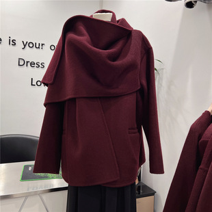 实拍 酒红色双面呢羊毛大衣短款围巾斗篷大衣女秋冬毛呢披肩外套