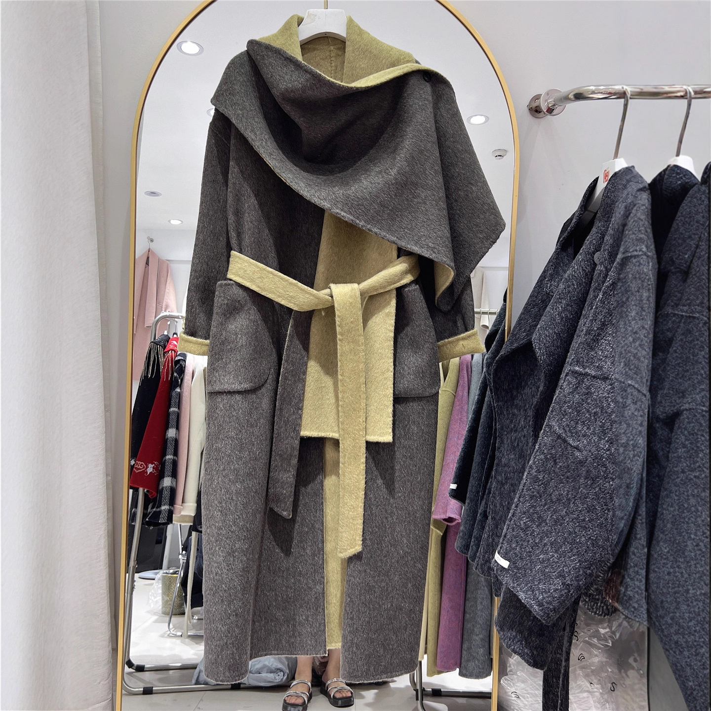 双面羊绒大衣长款披肩围巾系腰带