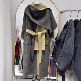 2025秋冬新款双面羊绒大衣长款披肩围巾系腰带宽松双色羊毛外套