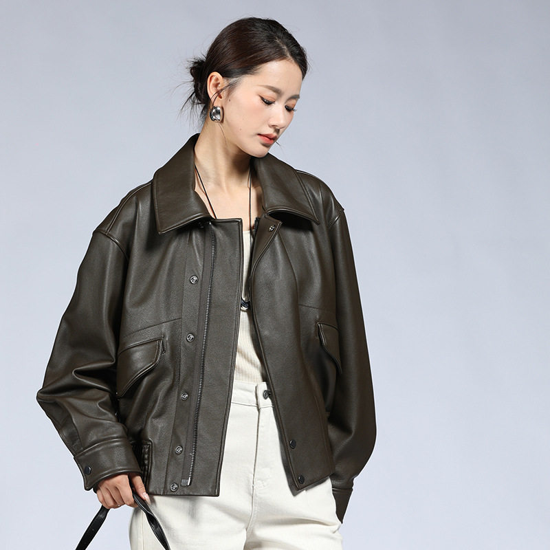 2026秋季新品牛皮真皮皮衣宽松短款外套机车夹克阔版翻领百搭上衣