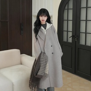 韩系双排扣双面羊毛毛呢大衣女2025秋冬新款连帽马甲内搭宽松外套