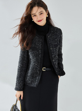 26秋经典大气黑色圈圈羊毛花呢小香外套手工镶边名媛上衣15422