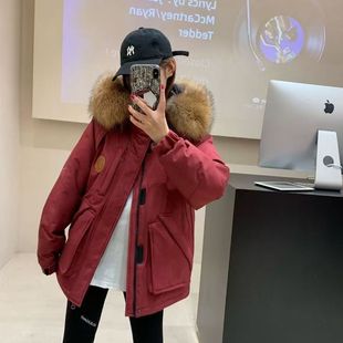 东大门2026冬加厚魔术贴派克羽绒服短款貂子毛大毛领情侣款外套
