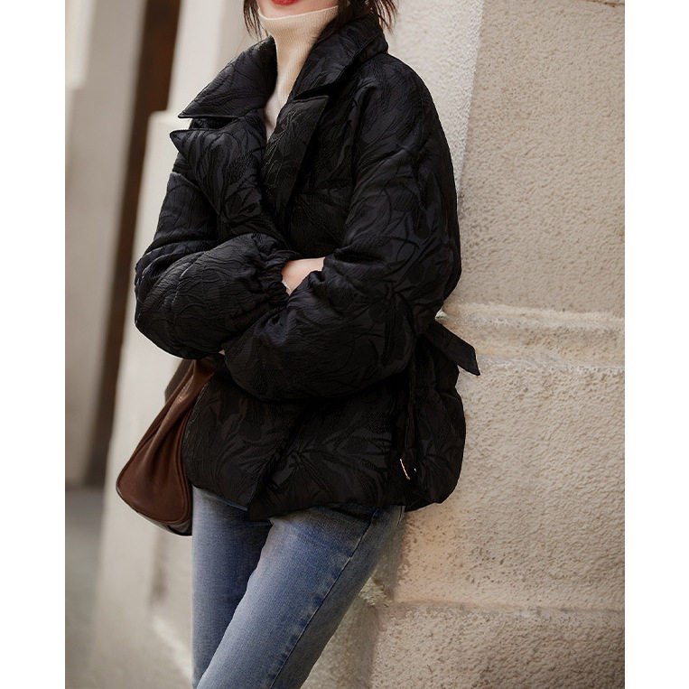 提花收腰鹅绒服黑色羽绒服女款高端女装短款平湖冬装冬季95白鹅绒